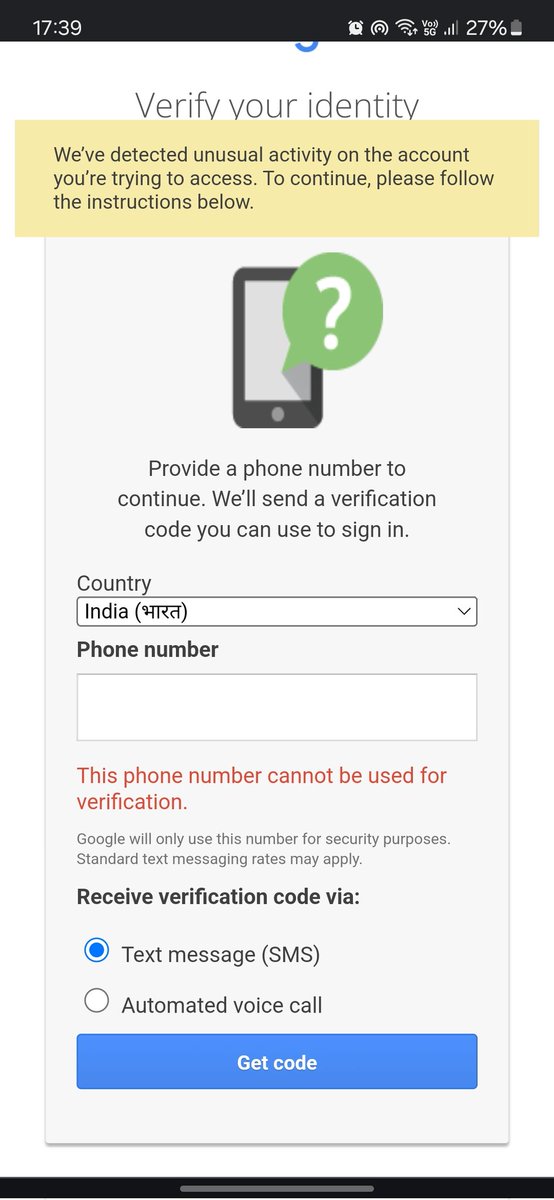 invins_idle's tweet photo. Hello @GoogleIndia,
I recently tried to log into my account, but it says that my account is disabled due to unusual activity being detected. I attempted to enter my phone number for verification, but it says that my number cannot be used for verification. https://t.co/QZJY4pHkhT