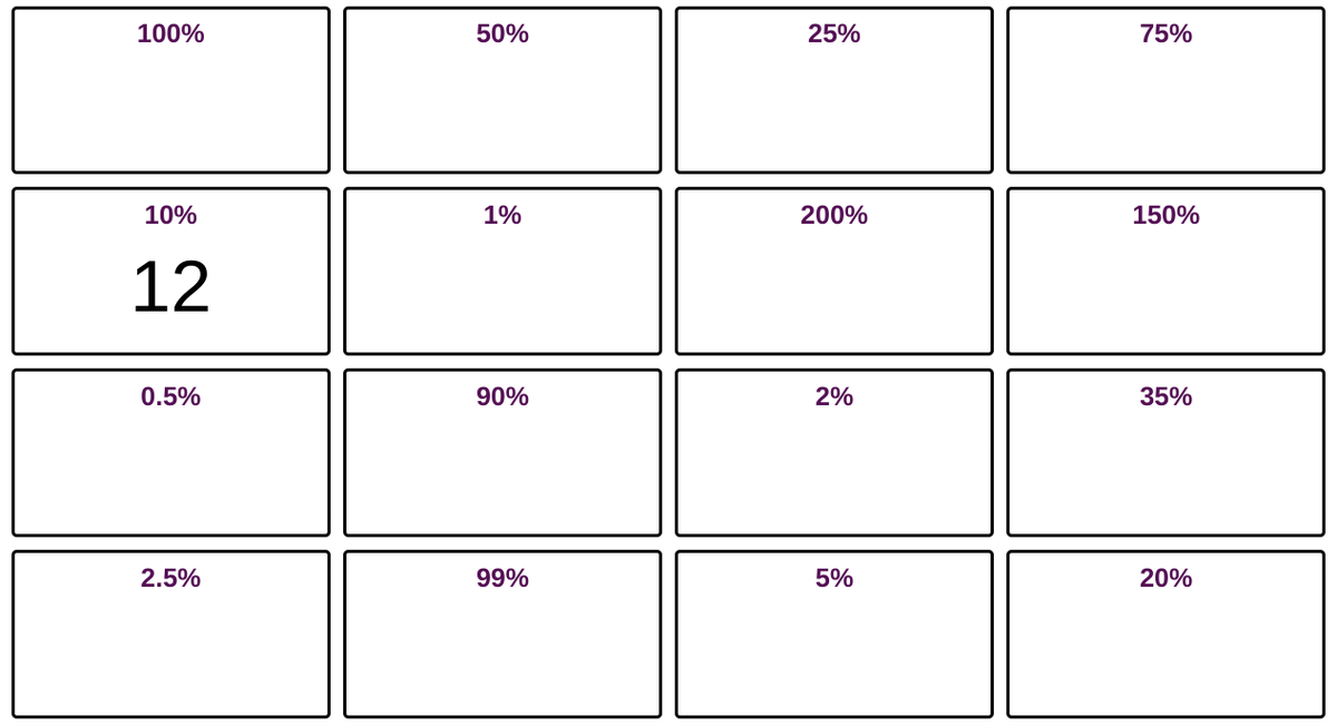 StudyMaths's tweet photo. If 10% is 12, can you calculate the others?

A nice way to practise percentages of amounts.

https://t.co/i8EXpkzSgd https://t.co/jFMlmAQggU