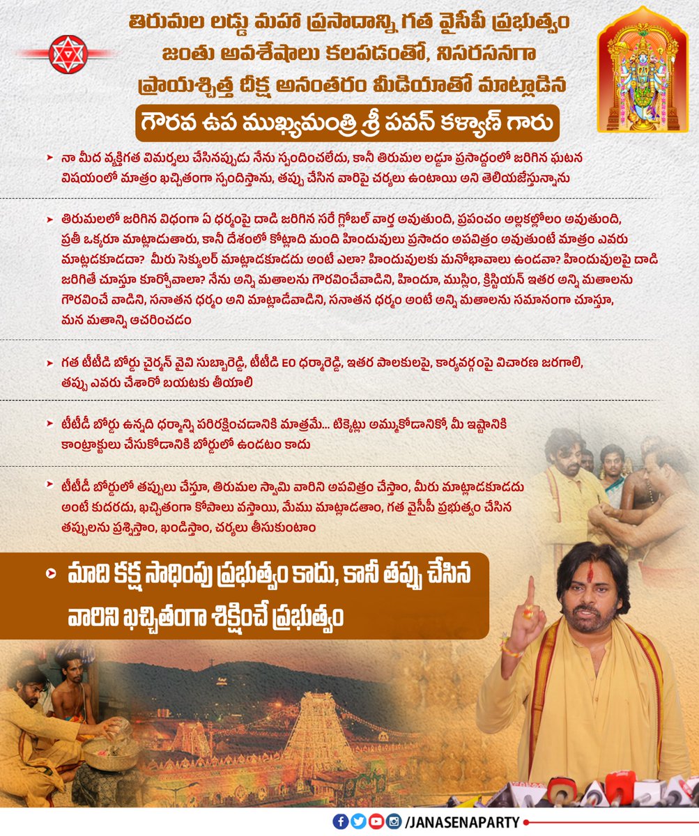 JanaSenaParty's tweet photo. తిరుమల లడ్డు మహా ప్రసాదాన్ని గత వైసీపీ ప్రభుత్వం జంతు అవశేషాలు కలపడంతో, నిరసనగా ప్రాయశ్చిత్త దీక్ష చేపట్టిన అనంతరం మీడియాతో మాట్లాడిన గౌ|| ఉప ముఖ్యమంత్రి శ్రీ @PawanKalyan గారు

#TirupatiLaddu #Tirumala #SanatanaDharmaRakshanaBoard https://t.co/PgJDwv8t4p