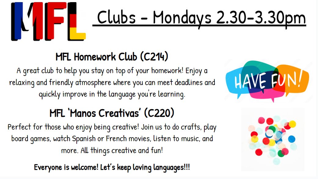 OACarlton_MFL's tweet photo. Hola,
Please don't forget that our MFL Clubs will be on tomorrow!!! Come along and have a lot of fun, everyone welcome!!!
#mflcarlton #carltonmfl #enrichment #languagesarefun https://t.co/998cP2pkGQ