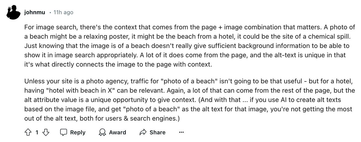 Google's <a href="/JohnMu/">John 🧀 ... 🧀</a> explains the importance of the page an image is embedded on for image SEO, not just the image itself and the alt text but the page it is on seroundtable.com/google-image-s…