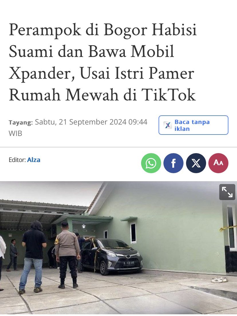 rumah di Bogor dirampok setelah istri kontenin isi rumah di Tiktok

H (27) pemilik rumah meninggal dianiaya 4 perampok jam 3 pagi. Jasad H dimasukkan ke dalam mobil yg terparkir di garasi

R (27) istri H mengalami luka di bagian kepala. N (55) ibu R luka serius di bagian kepala &amp;