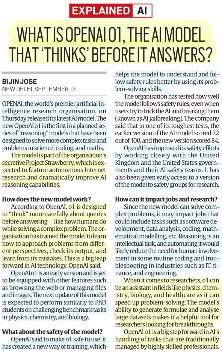 imRavikantYadav's tweet image. &apos;What is OpenAIo1, the AI model that &apos;thinks&apos; before it answers?&apos;

:Details by Mr Bijin Jose
@bijin_jose 

#OpenAIo1 ,reasoning #Artificalintelligence model,workings, safety,impact on #Job #research &amp;amp;
More info

#OpenAI #ProjectStrawberry #o1 
#GenAI 
#TechNews 

#UPSC
Source:IE