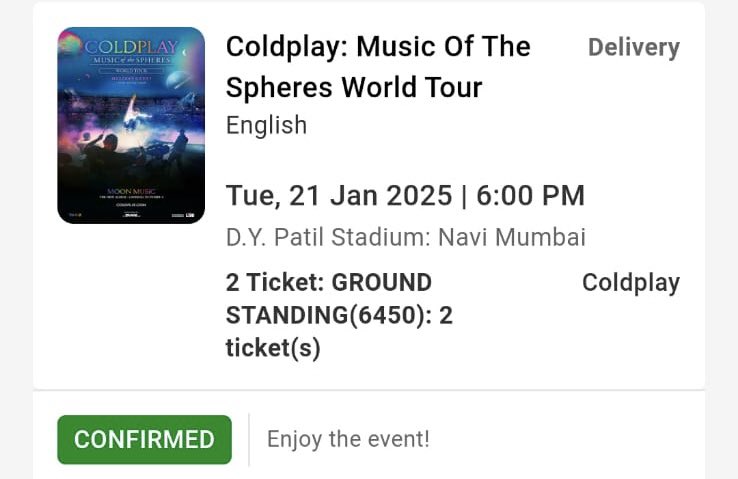 BiyaniWe's tweet photo. I have 2 tickets for 21st, Coldplay show in mumbai. Let me know if anyone is interested #Coldplay #Coldplayindia #coldplayconcert https://t.co/xXALXRGpoh