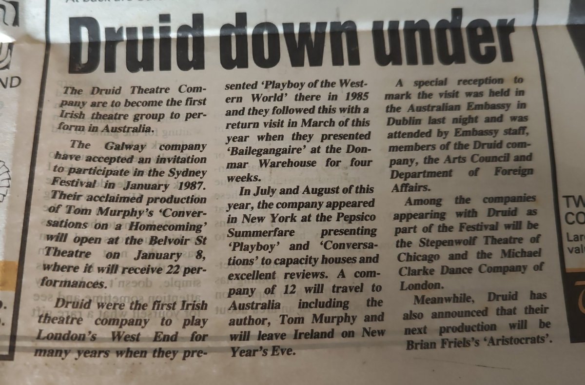 FibinTeo's tweet photo. Fuair muid é seo scéal faoi @DruidTheatre I 1986. "Druid down under" Found this in an old paper the "New Galway Observer", thought it maybe of interest https://t.co/oFj340dsIO