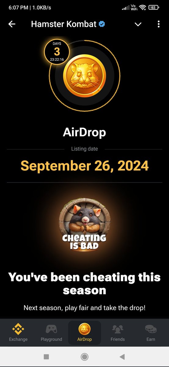 I had not cheated anyone, then i got this big card of cheating... Please help me... 

#Hamster_Kombat #hamster #HamsterKombat #Hamster_Kombat