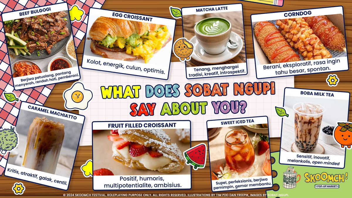 ㅤㅤ

𝙎𝙆𝙊𝙊𝙈𝘾𝙃𝙄𝙀! ✋🏻 Kalau kalian jadi menu Sobat Ngupi, kira-kira makanan dan minuman seperti apa, ya, yang bakalan menggambarkan kaliaaan? ( •̀ - • ) ❓

Coba tag dan tanya temanmu, kudapan dan minuman apa sih, yang menggambarkan kalian? 👀💬
ㅤㅤ
ㅤㅤ