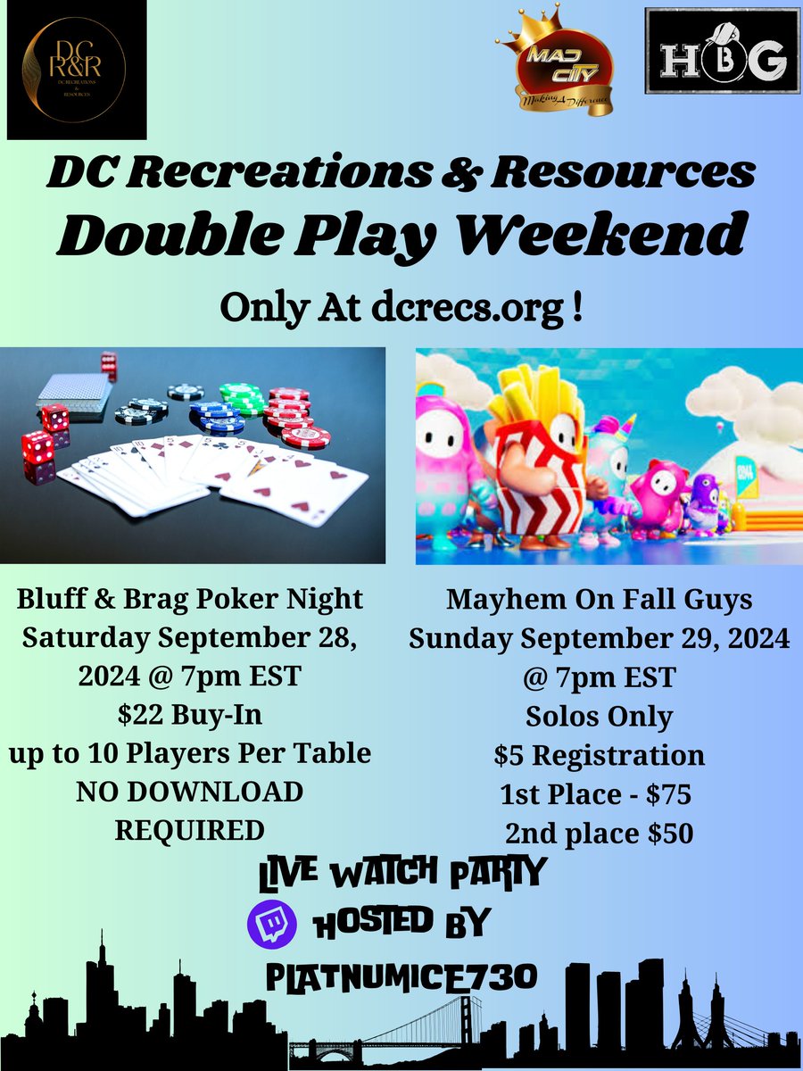DCRECREATIONS's tweet photo. 🎮Double Play Weekend Only Days Away!🃏With Poker and Fall Guys on the lineup, this is your chance to win big and have a blast. Lock in your spot today for an epic weekend!💰
#PokerWars #pokerrun #esportsnews #FallGuys #GamingVibes #GamersUnite #twitchstreamer #EntertainmentNews https://t.co/nfN7BrOvNc