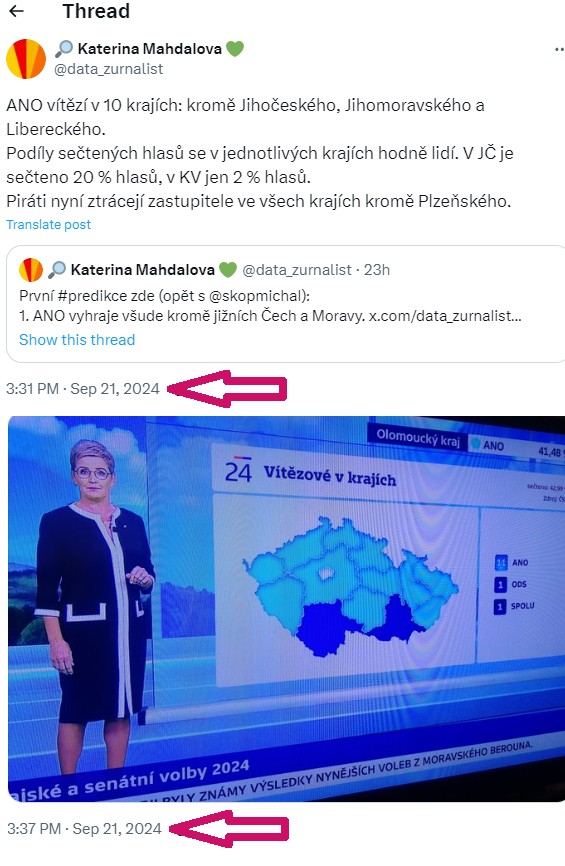data_zurnalist's tweet photo. 1. Proč děláme #predikce? Protože umíme spočítat, jak dopadnou volby, a ušetřit si dohady, než se sečtou hlasy.
Všechny výsledky nám vyšly i nyní u všech krajů; konkrétně u Libereckého jsme s @skopmichal věděli vítězství Starostů už při 2 % sečtených hlasů. #krajskevolby https://t.co/GcequI2SUM