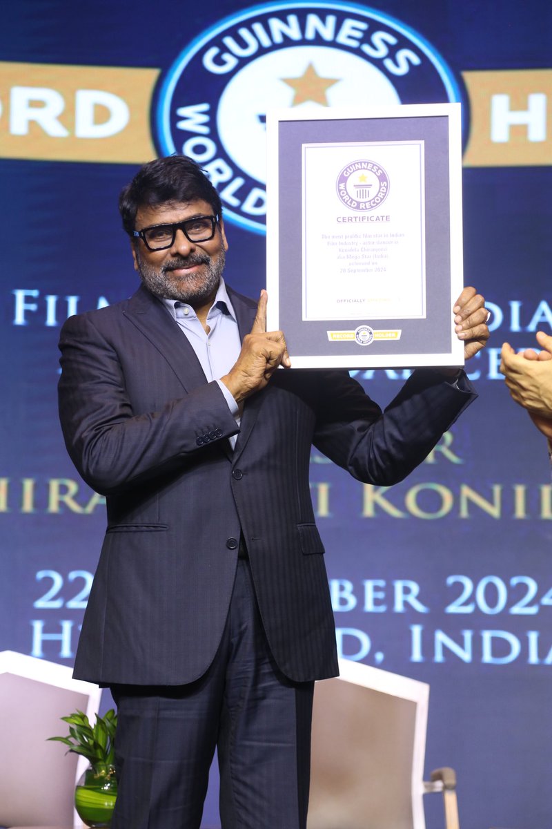 Another proud feather in the cap of the Megastar 👑

Hearty congratulations to the legendary Padma Vibhushan, MegaStar <a href="/KChiruTweets/">Chiranjeevi Konidela</a> annayya, for achieving the Guinness World Record as the Most Prolific Film Star (Actor/Dancer) in Indian Film Industry!

A true icon of acting and