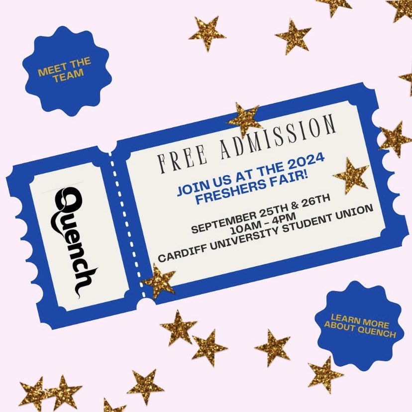 If you’d like to meet the Quench team and/or get involved, visit us at next weeks freshers fair!

⭐️Tickets are FREE and available on the SU website! ⭐️

We can’t wait to meet you all soon! ✨

#CardiffUni #QuenchMagazine