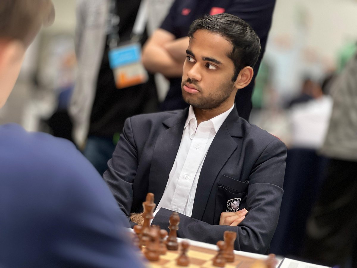 ChessbaseIndia's tweet photo. Arjun Erigaisi literally can't stop winning. He takes down GM Jan Subelj with the Black pieces in the final round of the Chess Olympiad! Arjun finishes the event with an extraterrestrial score of 10/11. Arjun is World no.3 right now with a live rating of 2797.2!

Arjun is most definitely winning the Individual Gold medal on board 3. And Team India is all set to win their first ever Team Gold medal in the Chess Olympiad!

Photos: Aditya Sur Roy 
#chess #chessbaseindia #ChessOlympiad2024
