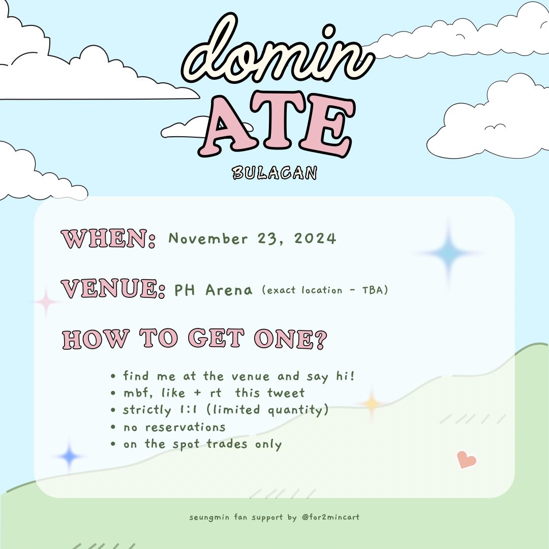 𓈒⠀𓂃⠀˖⠀ seungmin fan support ⠀˖⠀𓂃⠀𓈒

by: <a href="/for2mincart/">ًeli ★</a> 

└  like + rt, follow (let’s be moots :D)
└  loc and time: tba
└  check pics for details

see you there! ✿

#dominATE_BULACAN #SKZ_in_BULACAN <a href="/Stray_Kids/">Stray Kids</a>
