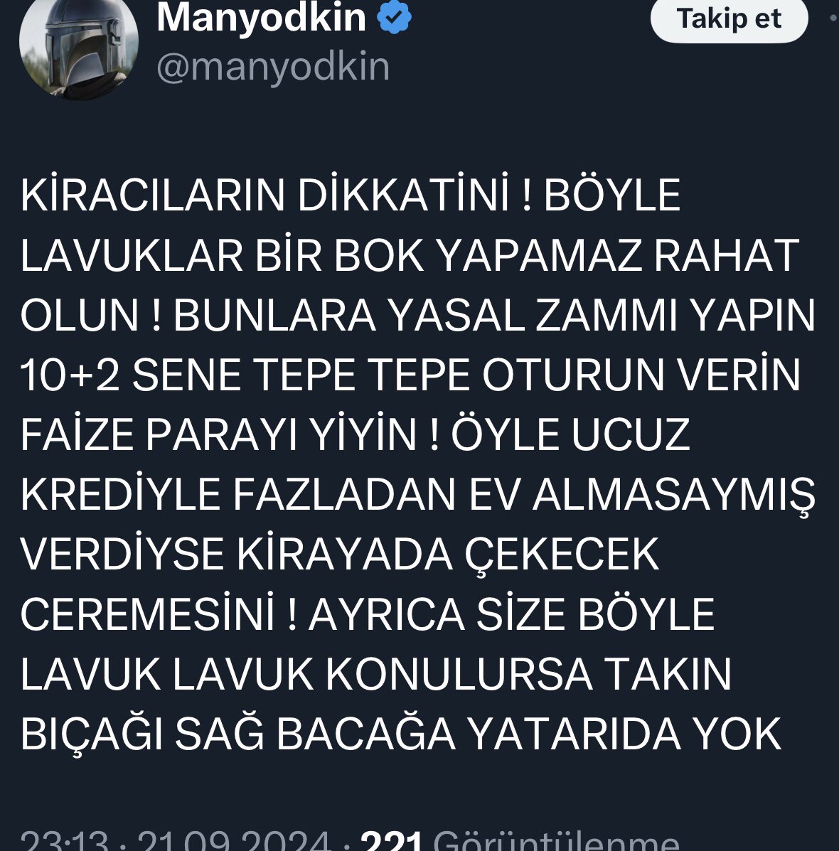 DenizDu56524451's tweet photo. %25 yüzünden, bunun gibi  kiracılar türedi !
Ben evimi konut kredisi ile almadım! Alanlarda çok iyi yaptı! Kiracılar da kredi alabilirdi, kimse ellerine vurmadı!

Artık İnsanlar birbirine kirlenmeye başladı! 
Konut krizi oluştu!
Düzenleme yapılmalı! @adalet_bakanlik https://t.co/kBNMknxDDo