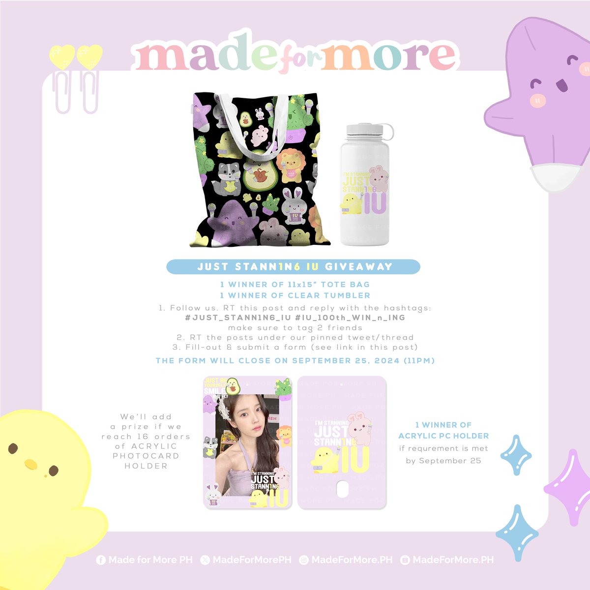 madeformoreph's tweet photo. ✨ Giveaway for #UAENA ✨

1⃣ Follow &amp; RT
2⃣ Reply &amp; tag 2 moots. Use these 2 HTs:
#IU_100th_WIN_n_ING
#JUST_STANN1N6_IU
3⃣ RT pinned tweet/thread
4⃣ Fill-out &amp; submit: 
https://t.co/ZefInun9lq
🇵🇭 PH only

#IU #아이유 #THE_WINNING #HEREH_ENCORE https://t.co/SlwRTJYnv0