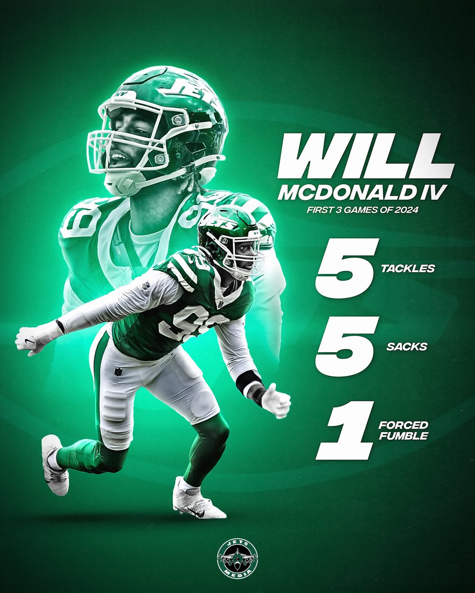#Jets EDGE Will McDonald IV already has FIVE Sacks in his first 3 games of the season💥

Seems to be BREAKING OUT given his opportunity with Jermaine Johnson II’s injury &amp; the Haasan Reddick situation 

How many sacks will he finish the season with ? 👀✈️

#JetUp