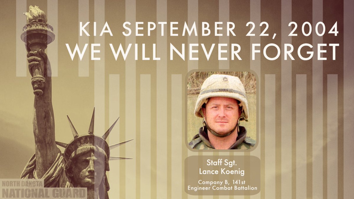 NDNationalGuard's tweet photo. 20 years ago today, Staff Sgt. Lance Koenig gave his life for his country. He was killed in action in Iraq while serving with the 141st Engineer Combat Battalion. We will never forget his service and sacrifice, nor that of his family and friends. https://t.co/61zuvtNBTN