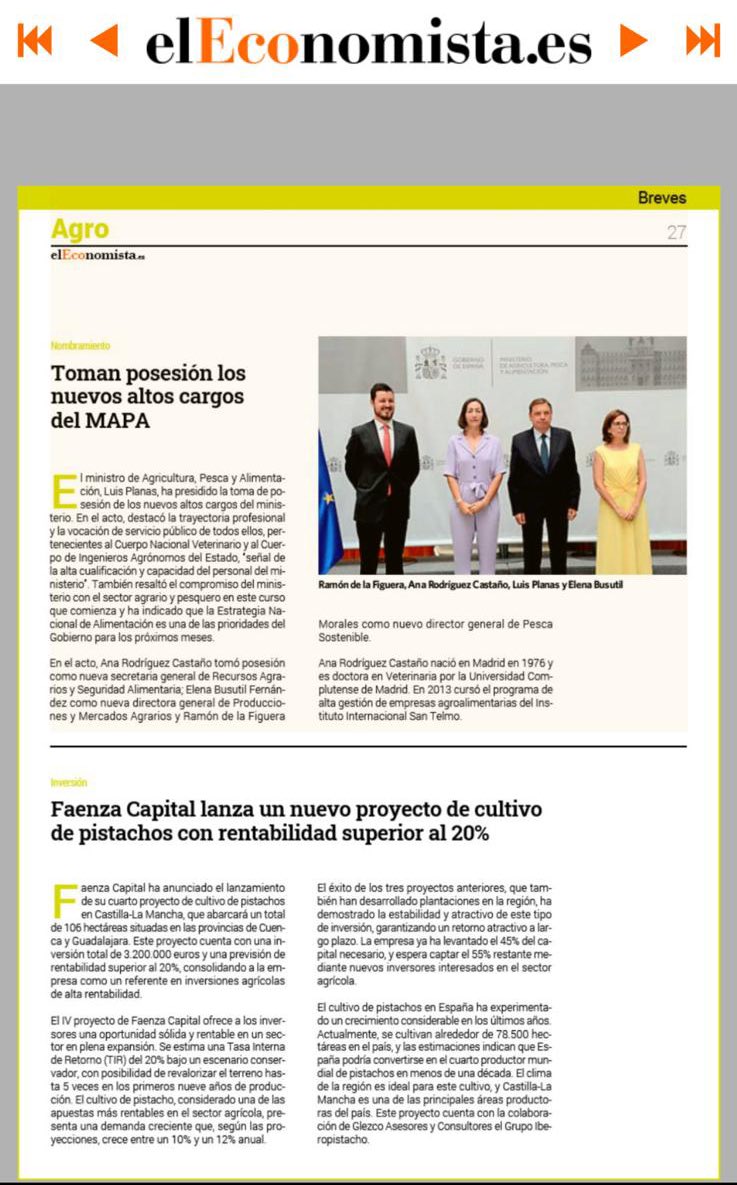 Muchas gracias a <a href="/elEconomistaes/">elEconomista.es</a> por hacerse eco del IV proyecto de Faenza Capital.

#ElEconomista #Inversión #Agricultura #Pistachos #OportunidadDeInversión #FaenzaCapital #DesarrolloSostenible