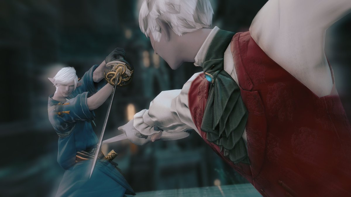 EscherStrange's tweet photo. Two grey-skinned Ishgardian elezen 
Duelling in Empyreum 
Because I can.  

#GPOSERS #EorzeaPhotos #ElezenHours #ddmods https://t.co/Nece1QMw1m