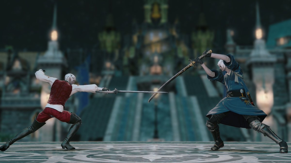 EscherStrange's tweet photo. Two grey-skinned Ishgardian elezen 
Duelling in Empyreum 
Because I can.  

#GPOSERS #EorzeaPhotos #ElezenHours #ddmods https://t.co/Nece1QMw1m