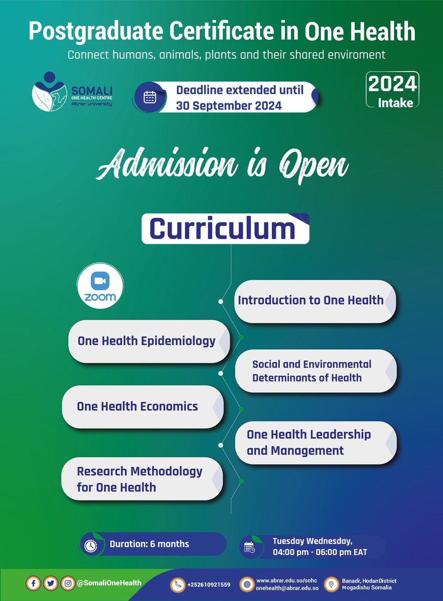 We're excited to announce that applications for the Postgraduate Certificate in One Health – Cohort 2 at <a href="/SomaliOneHealth/">Somali One Health Centre - Abrar University</a> <a href="/AbrarUniversity/">Abrar University</a> have been extended until 30 September 2024!
Apply now: abrar.edu.so/sohc/pgcert-in…
#capacitybuilding
#onehealth
