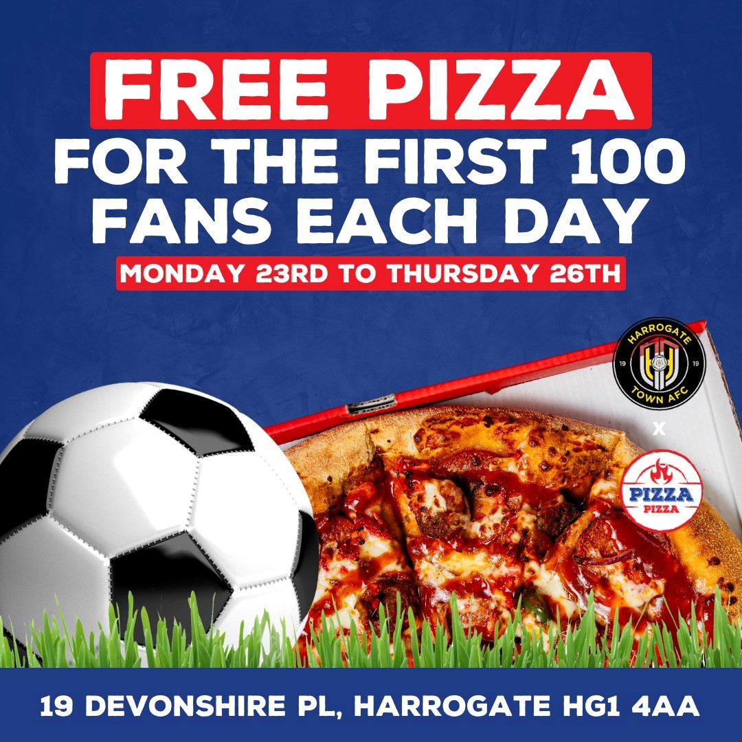 🍕 Free pizza for Harrogate Town fans!

We have partnered with Pizza Pizza to give our fans free pizza this week 🙌

Just retweet this post and show it in store to claim 😋