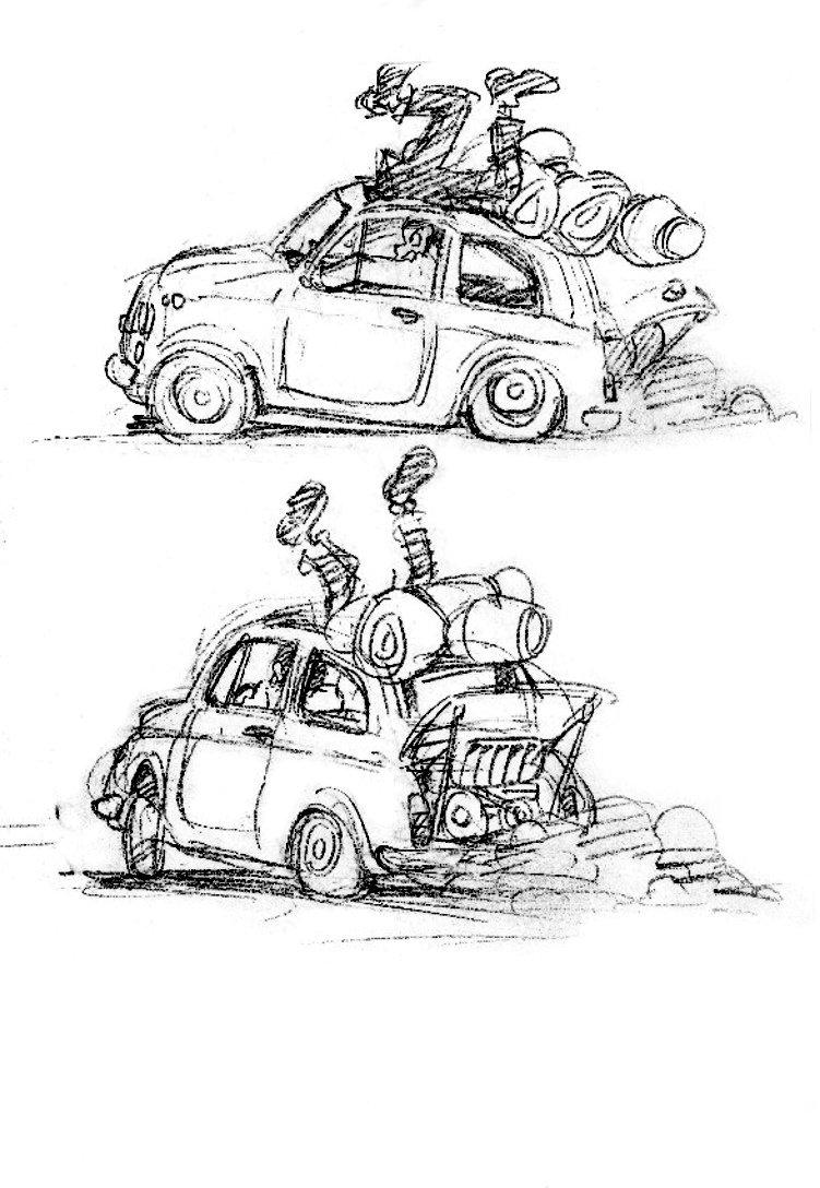 そうか、スタッフの車をキャラの車に設定しておけば、資料集めの取材が省ける(笑)

>大塚康生さんと、フィアット

絵はカリオストロの城のフィアット急発進の模写と、ベンツSSKのふりをした、デューセンバーグ。 