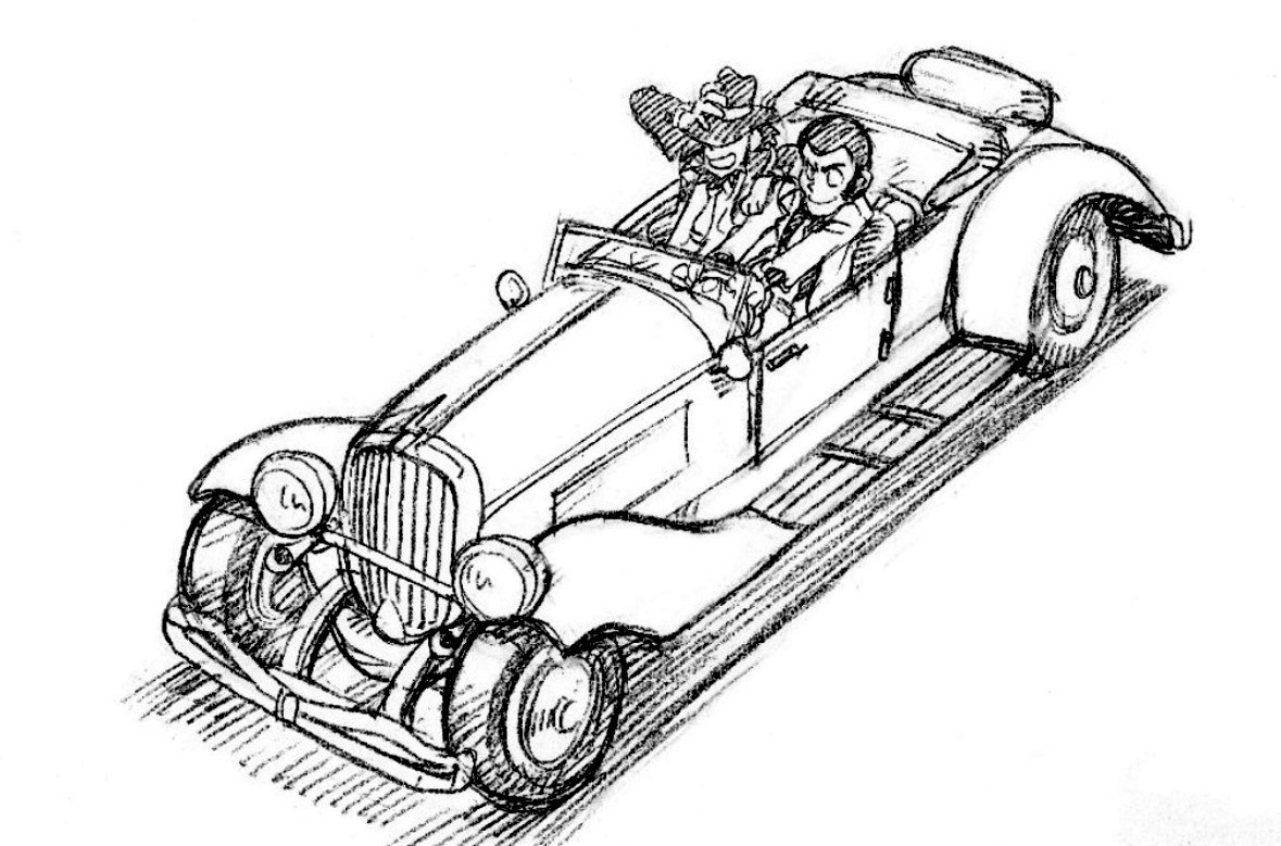 そうか、スタッフの車をキャラの車に設定しておけば、資料集めの取材が省ける(笑)

>大塚康生さんと、フィアット

絵はカリオストロの城のフィアット急発進の模写と、ベンツSSKのふりをした、デューセンバーグ。 