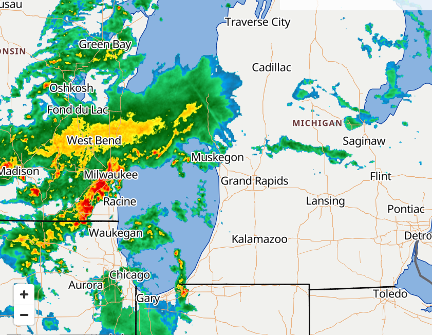 bsteffen's tweet photo. Here's radar and lightning data. Showers and t-storms are moving east. Just about everyone is going to see some much needed rain today. Severe weather is not expected. #miwx #wmiw https://t.co/JqsdbxSw6c