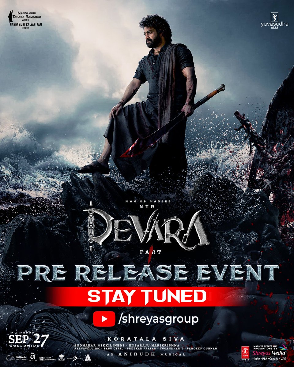shreyasmedia's tweet photo. Get ready to witness the magnificence of the #RedSea at @shreyasgroup Proudly Presents, The Electrifying Pre-Release Event of #Devara 🔥

Stay tuned to: 🔴 https://t.co/xL1Vb2YiQ4

Powered by @KLM_FashionMall  #DeccanChai #HighNine @HappiMobiles #VarmaSteel

Special Partners: @EvtricL @priyagoldoildm @EcolasticIndia

Health Partner: @Yodadiagnostics  

Jewellery Partner: #VegaJewellers 

Travel Partner: #RVToursAndTravels 

Massive Events & Promotions by #ShreyasMedia✌️

#DevaraOnSep27th
#DevaraPreReleaseEvent

Man of Masses @tarak9999 #KoratalaSiva #SaifAliKhan #JanhviKapoor @anirudhofficial
@NANDAMURIKALYAN 
@sitharaents @kvnproductions @sbbyssk @Hamsinient @SriLakshmiMovie @DevaraMovie @Tseries @tseriessouth @shreyasmedia