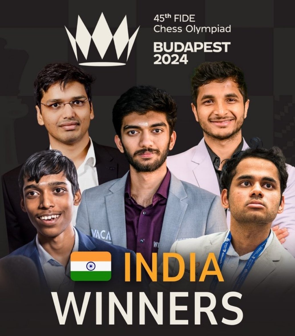 TheKhelIndia's tweet photo. INDIA IS CHESS OLYMPIAD 2024 CHAMPIONS🏆

India's First Ever Gold Medal in Open Section 🇮🇳 

Congratulations to our players Gukesh D, Praggnanandhaa R, Arjun Erigaisi, Vidit Gujrathi &amp; Pentala Harikrishna ✨

Special thanks to our Captain Srinath Narayanan !!

WELL DONE BOYS 🇮🇳👏 https://t.co/FXsgnY3wUy