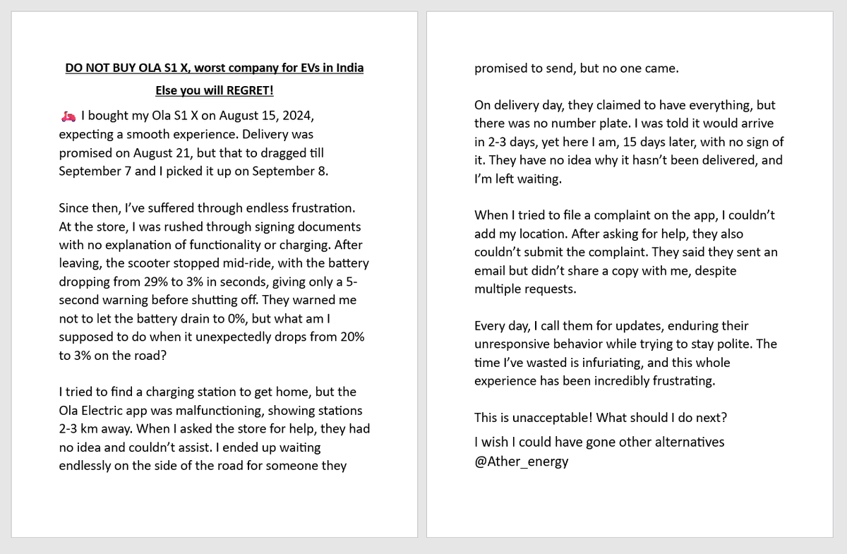 SwastiBaghel's tweet photo. DO NOT BUY THE OLA Scooter, worst company for EVs!
I bought an Ola S1 X on Aug 15, 2024. Since then, I’ve faced issues like late delivery, sudden battery draining, unresponsive service &amp; difficult process to raise complaints.
It’s been frustrating &amp; a total waste of money! https://t.co/5GZ6nhjEaE