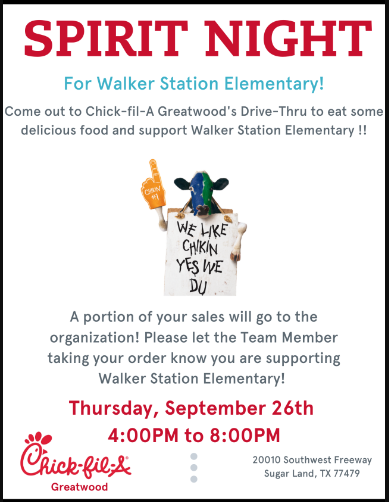 WSE_PTO's tweet photo. Come enjoy a Chick-fil-A Spirit Night TODAY from 4PM-8PM at the Greatwood location!

Be sure to mention that you are supporting Walker Station Elementary! https://t.co/IerHNNTEvU