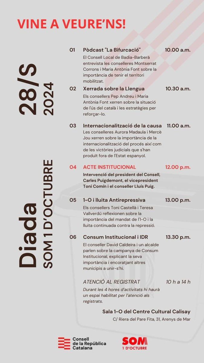 Actes diada som 1 d’octubre
📍Centre Cultural Calisay      Arenys de Mar
📅 28 de setembre #som1doctubre #tornemalscarrers