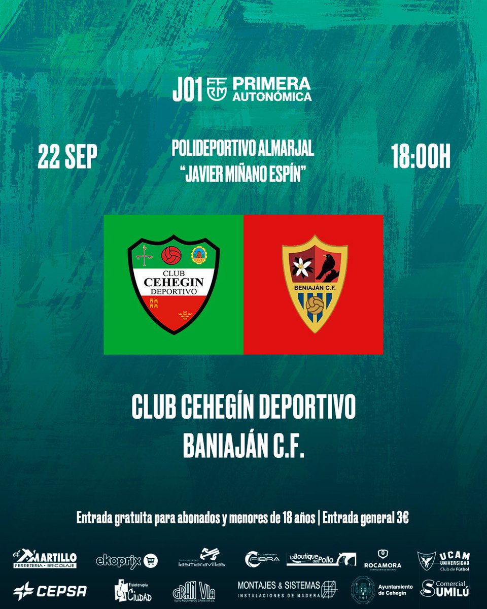 🏆 1ª Autonómica | J1

🆚 <a href="/BeniajanUCAMCF/">Beniaján CF</a> 
📆 Domingo, 22 de septiembre.
⌚️ 18.00h.
🏟️ Polideportivo Almarjal “Javier Miñano Espín”.
🎟️ Entrada gratuita para abonados y menores de 18 años. Entrada general 3€.