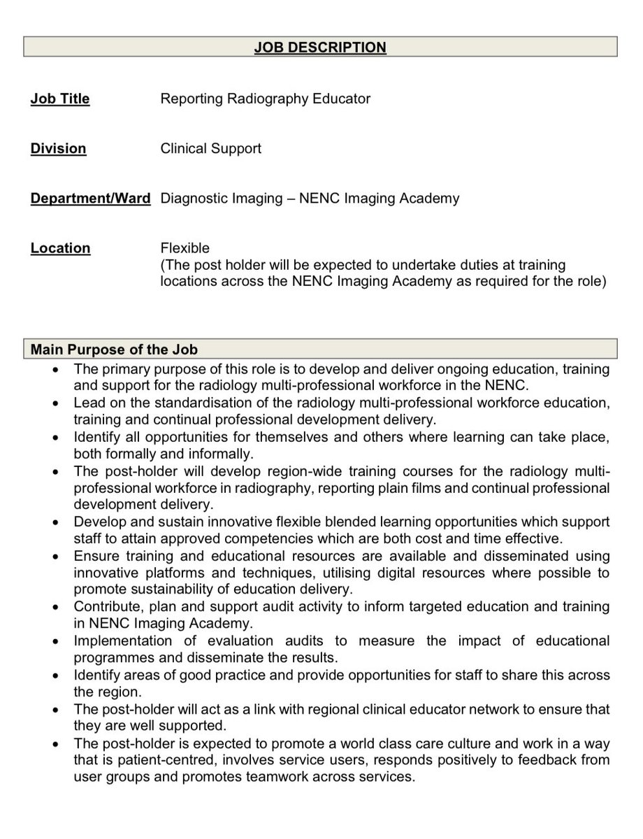 Helen Watts (@helenwatts91) on Twitter photo Reporting Radiographers employed in the North East & North Cumbria (NENC)- exciting secondment opportunity with the NENC Imaging Academy as an educator (Band 8a, part time and fixed term for 12 months). Closing date: 27/9/2024. Contact naail.alzuhir@nhs.net for further details. Reporting Radiographers employed in the North East & North Cumbria (NENC)- exciting secondment opportunity with the NENC Imaging Academy as an educator (Band 8a, part time and fixed term for 12 months). Closing date: 27/9/2024. Contact naail.alzuhir@nhs.net for further details.