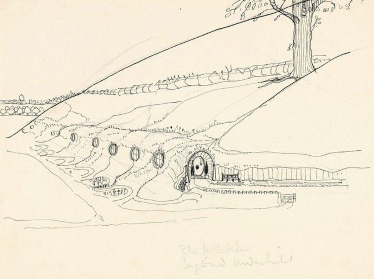 In honor of #HobbitDay - here is a lesser known sketch of the exterior of Bag End by Tolkien himself!