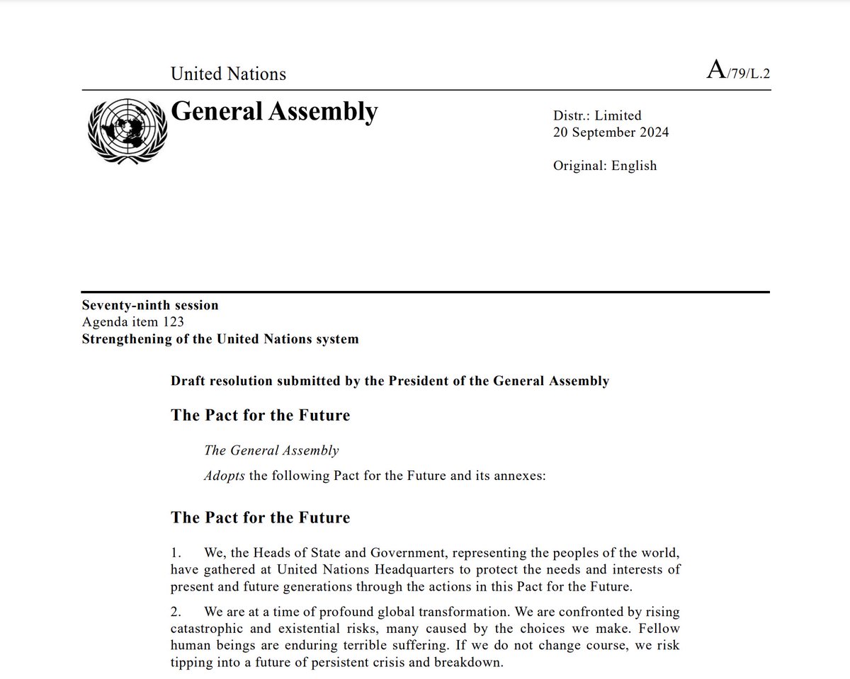 #BREAKING

UN General Assembly ADOPTS by consensus the Pact of the Future, and its annexes Global Digital Compact and Declaration on Future Generations

#OurCommonFuture