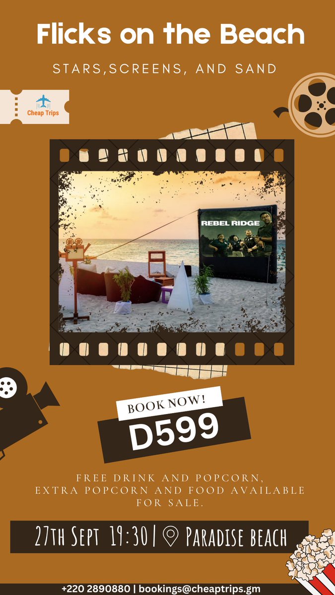 🎬✨ Get ready for an epic night under the stars with Cheap Trips’ Flicks on the Beach! 🌊🍿 Join us at Paradise Beach for a screening of Rebel Ridge, where the action meets the ocean breeze.

📅 Date: 27th September
⏰ Time: 19:30
🎟️ Price: D599