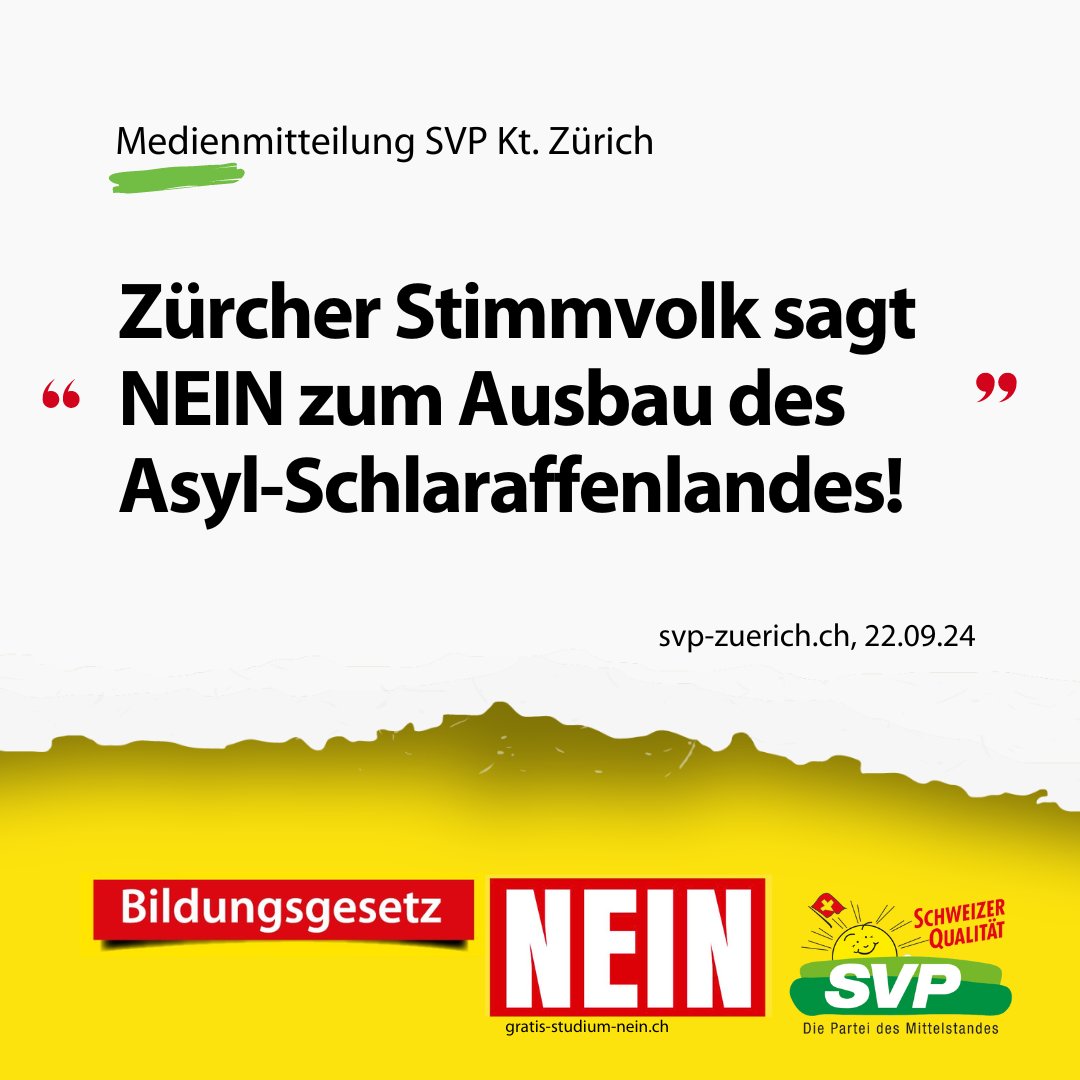 Mit der Ablehnung hat das Zürcher Stimmvolk gezeigt, dass es nicht bereit ist, den Weg in ein ausuferndes Asylschlaraffenland mitzugehen, wo abgewiesene Asylanten sofort Anspruch auf Ausbildungsbeiträge haben sollten.
🔗svp-zuerich.ch/medienmitteilu…
#freiundsicher #svpzh
