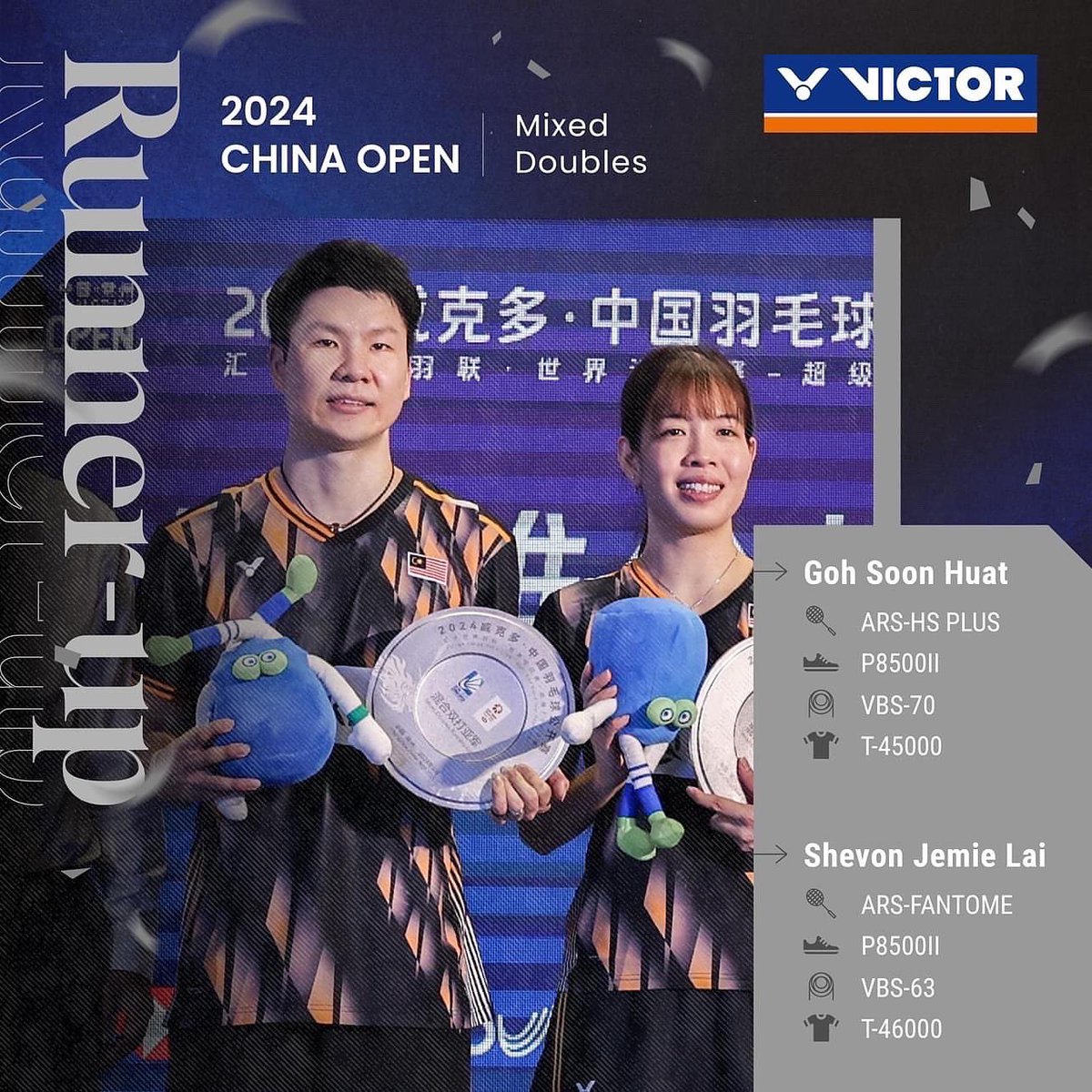 victor_malaysia's tweet photo. #FeiDin won their first Super1000 title at #VICTORChinaOpen🏆

#KodaiNaraoka and #GohSoonHuat /
#LaiShevonJemie took the silver medals. Good jobs #TeamVICTOR!
-
Players' Appointed Equipment
#GohSzeFei
🏸 ARS-100X Ultra (Coming in 25Q1)
👟 P8500II
⭕ VBS-66N

#NurIzzuddin
🏸 ARS-HS PLUS
👟 A970NitroLite
⭕ VBS-66N

#KodaiNaraoka
🏸 TK-RYUGA II PRO
👟 A970NitroLite
⭕ VBS-66N

#GohSoonHuat
🏸 ARS-HS PLUS
👟 P8500II
⭕ VBS-70

#LaiShevonJemie
🏸 ARS-FANTOME (Coming in 25Q1)
👟 P8500II
⭕ VBS-63
