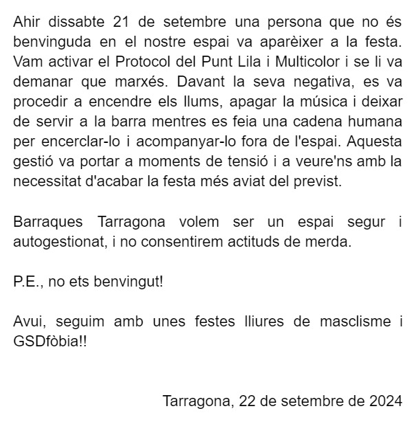 BarraquesTgn's tweet photo. Comunicat de la Coordinadora de Barraques Tarragona.

#SantaTecla2024 https://t.co/V4cRJcMZhk
