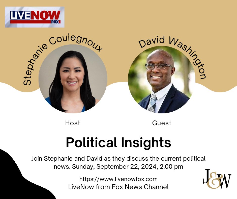🚨 Join us TODAY at 2:00 PM on LiveNOW from Fox for a discussion with host <a href="/StephanieCNews/">Stephanie Coueignoux</a> and J &amp; Washington's <a href="/ApexPolitico/">David Washington 🔊 #PoliticalInnovator</a> on today's political news and its impact on our lives. 🏡

📅 TODAY
🕑 2:00 PM

#SundayTalk #Politics #LiveNOWFox

See you there! 👋

👉 Tag a friend!