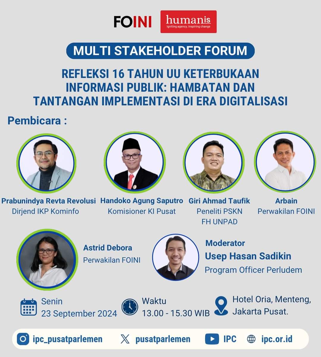 Malam sobat, 
Bila dirimu merasa resah terhadap keterbukaan informasi dan transparansi yg telah dilakukan penyelenggara negara. Besok siang bisa join ya. Pukul 13.00 WIB Di Hotel Oria.