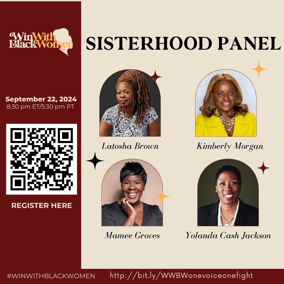 WinWithBLKWomen's tweet photo. Join @MsLaToshaBrown, Kimberly Morgan, Mamee Groves &amp; @ycjackson for a powerful conversation at 8:30 PM ET / 5:30 PM PT. Don’t miss it! #WinWithBlackWomen https://t.co/sAPjJ0abSC