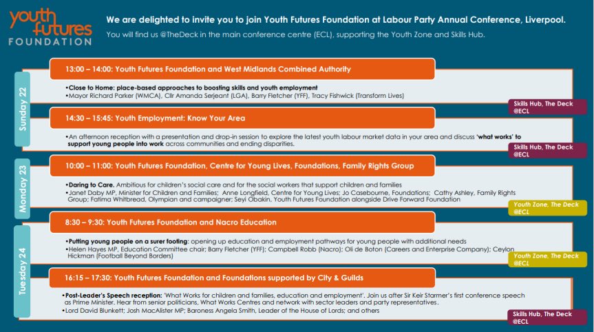 Youth Futures Foundation (@yf_foundation) on Twitter photo We’re in Liverpool for <a href="/UKLabour/">The Labour Party</a> Annual Conference!
Come and discuss all things youth employment at The Deck in the main conference centre (ECL), where we’re supporting the Youth Zone and Skills Hub. We’d love to meet as many of you as possible!
#Lab24
Full timetable👇 We’re in Liverpool for <a href="/UKLabour/">The Labour Party</a> Annual Conference!
Come and discuss all things youth employment at The Deck in the main conference centre (ECL), where we’re supporting the Youth Zone and Skills Hub. We’d love to meet as many of you as possible!
#Lab24
Full timetable👇