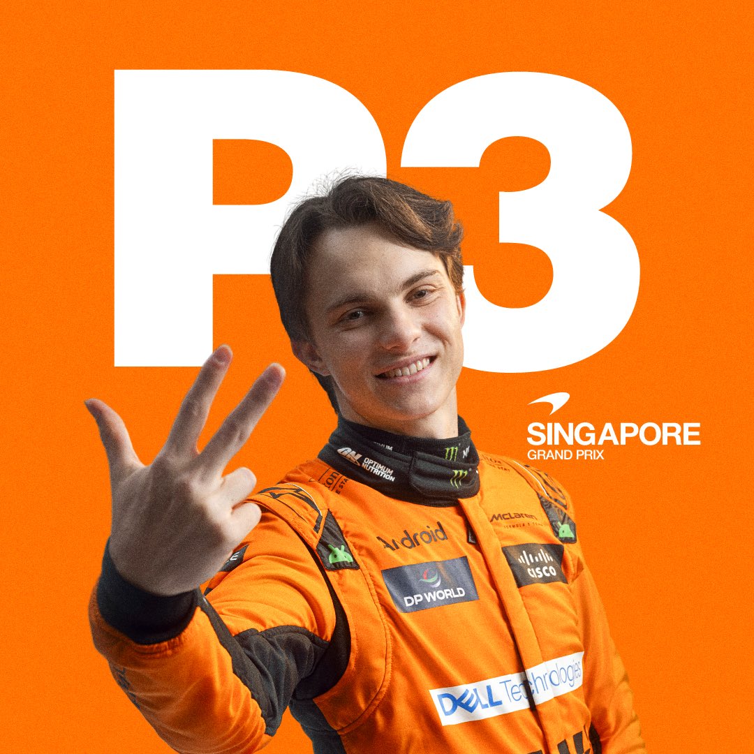 McLarenF1's tweet photo. What a drive from @OscarPiastri bringing it home in P3! 👏  

The podium run continues! 💪  

#SingaporeGP 🇸🇬 https://t.co/VwUzrYEmRN