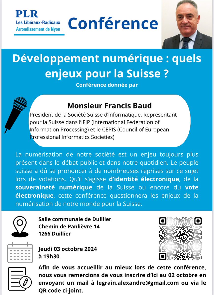 plrlacote's tweet photo. Le 03 octobre prochain, le #PLRLaCôte organise une conférence sur la thématique de l’avenir du numérique en Suisse. Monsieur Francis Baud, Président de la Société suisse d’informatique en autres, donnera cette conférence dès 19h30.

Informations et inscriptions ci-dessous 👇 https://t.co/S8Zw9MRCbE