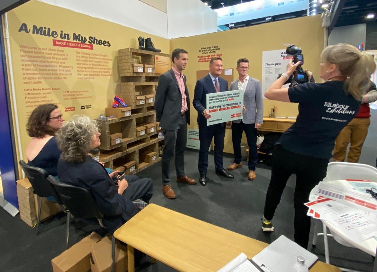health_equals's tweet photo. We're here at #Lab24 with @empathymuseum calling on politicians including @wesstreeting to #MakeHealthEqual 
Come and walk #AMileInMyShoes at stand D19 https://t.co/AB80Xq3OsN