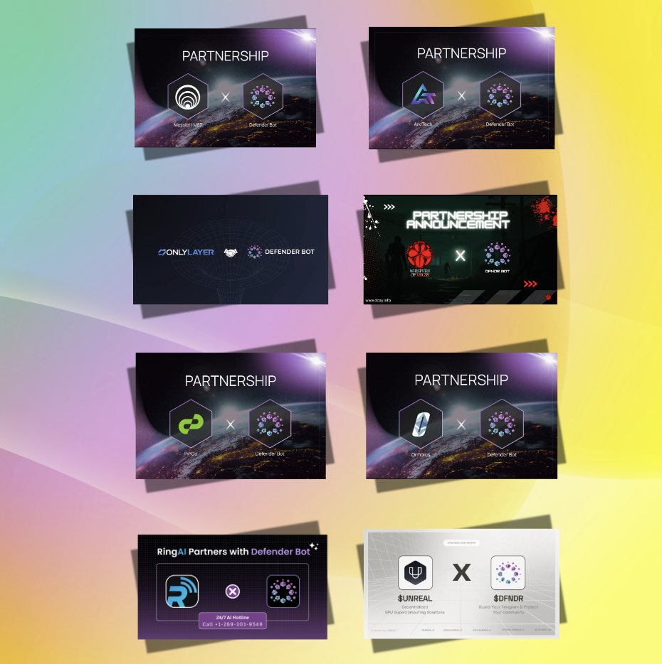 $DFNDR - <a href="/defendereth/">Defender ◻️ $DFNDR</a> Made a couple of very nice partnerships this month! 🤝🌎

If you have some time on this lovely Sunday i would check them out 🐼💯

➡️ <a href="/MessierM87/">MESSIER | M87</a> 
➡️ @ArkiTechAi  
➡️ <a href="/whispersofdcay/">Whispers of Decay ✦</a> 
➡️ @ormolusPro 
➡️ <a href="/PinGoAI/">PinGo</a> 
➡️ <a href="/TryRingAI/">Ring AI | $RING</a> 
➡️ @TheUnrealAI
➡️ <a href="/onlylayer/">Only Layer</a>